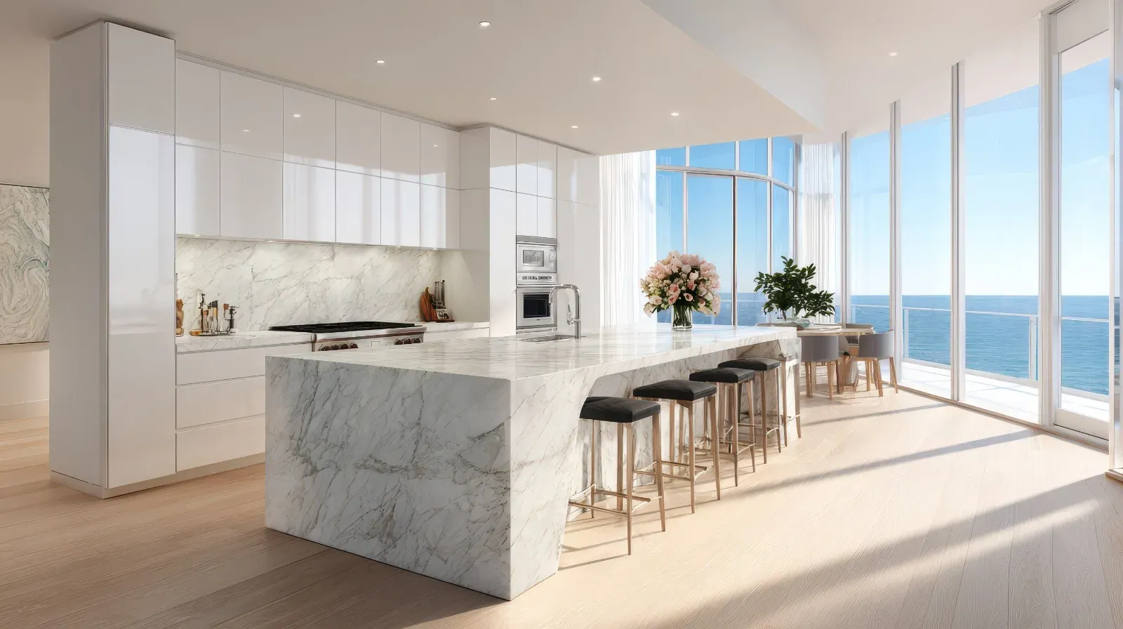 Luxury European kitchen with marble island and ocean view