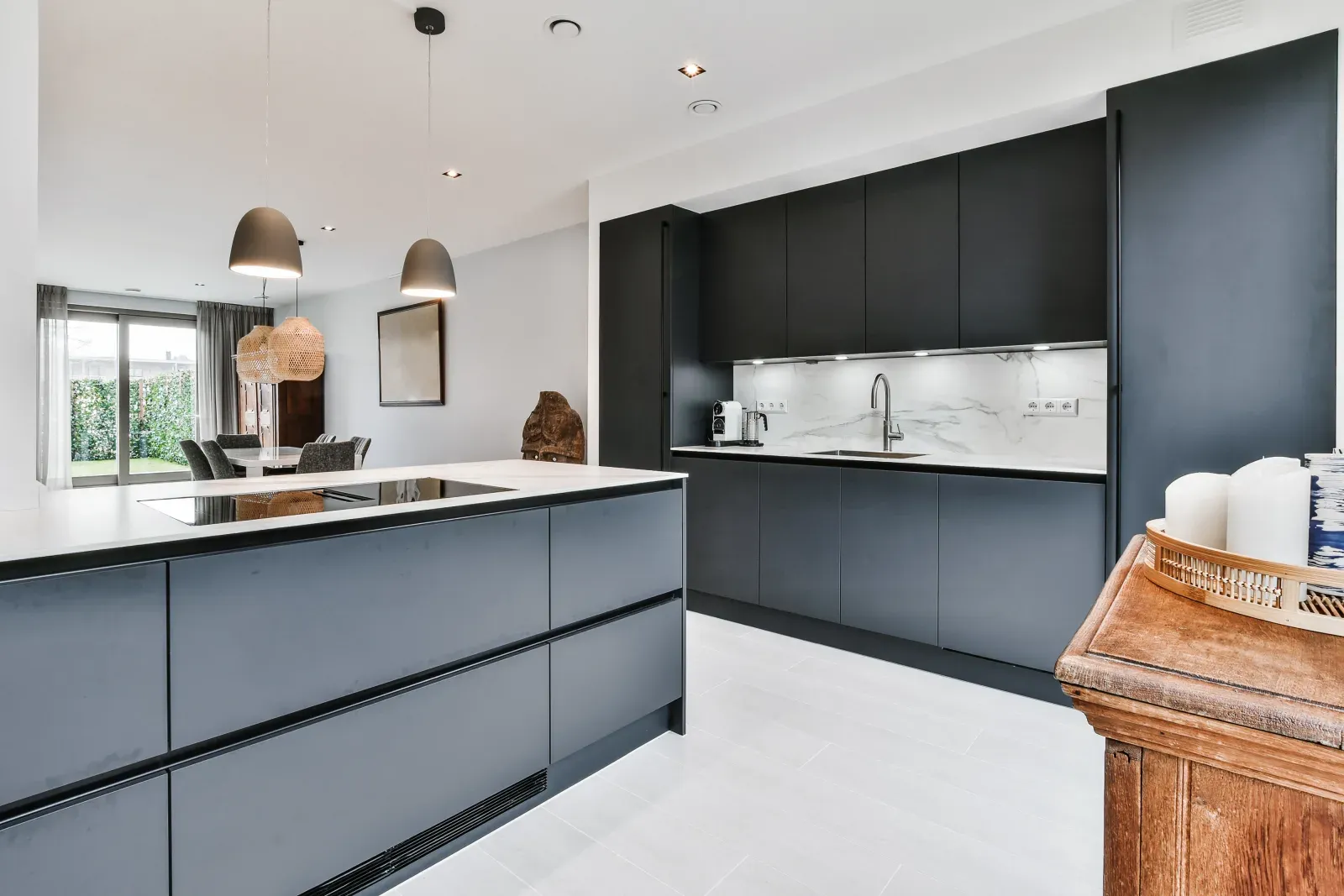 Dark cabinetry & open space